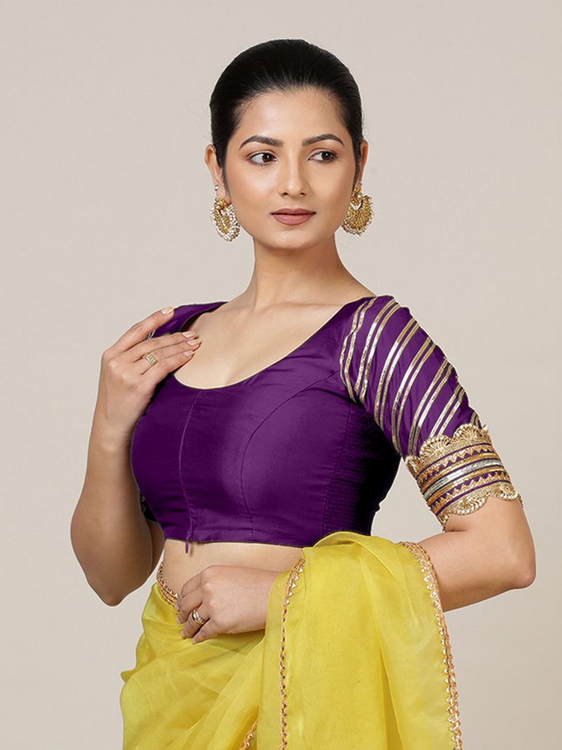 Anisha x Tyohaar | Elbow Sleeves Saree Blouse in Purple-Binks