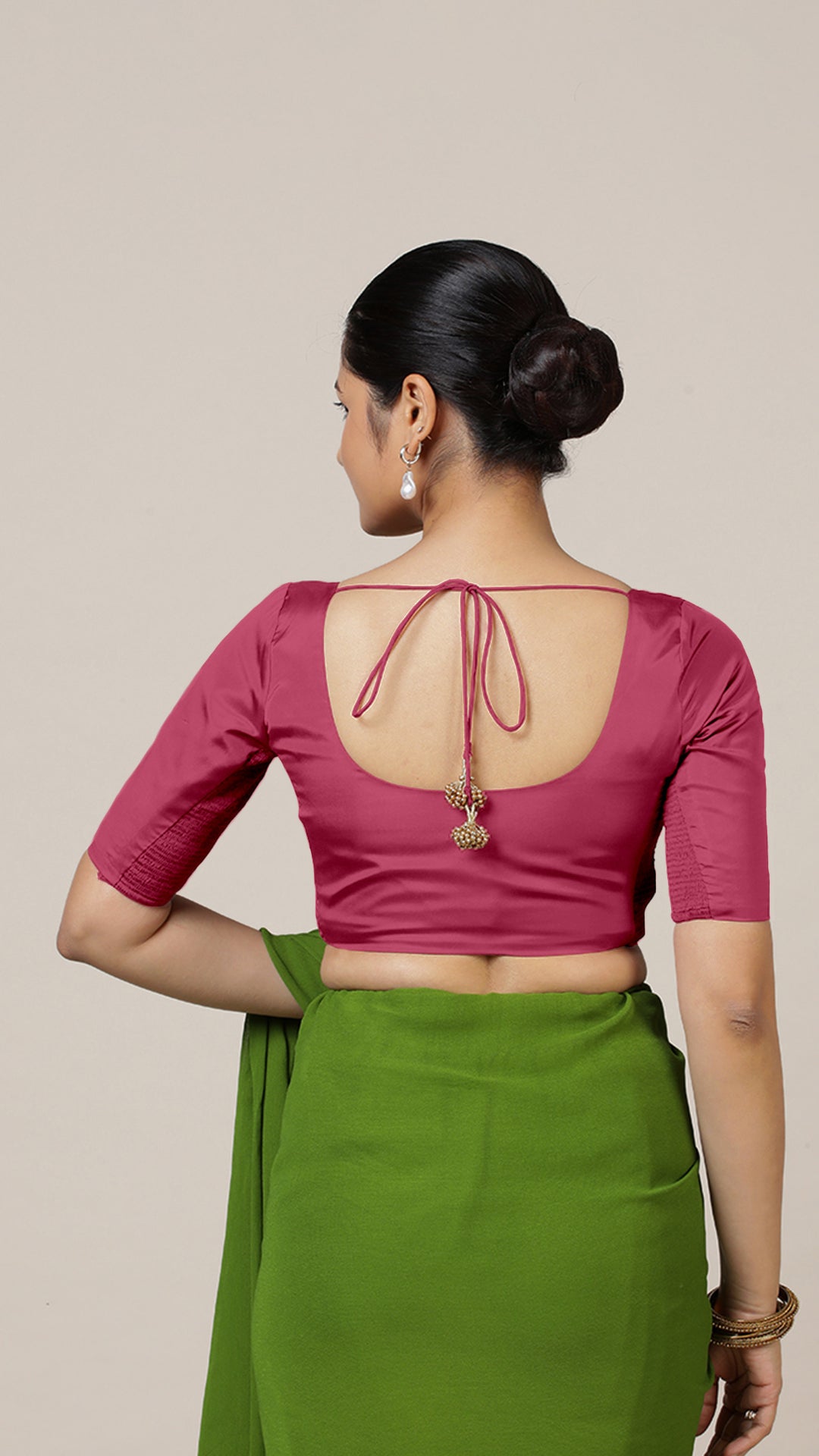 Anisha x Rozaana Saree Blouse, in Pink Vegan Silk, featuring elbow sleeves and round neckline, made for daily & work (view 2).