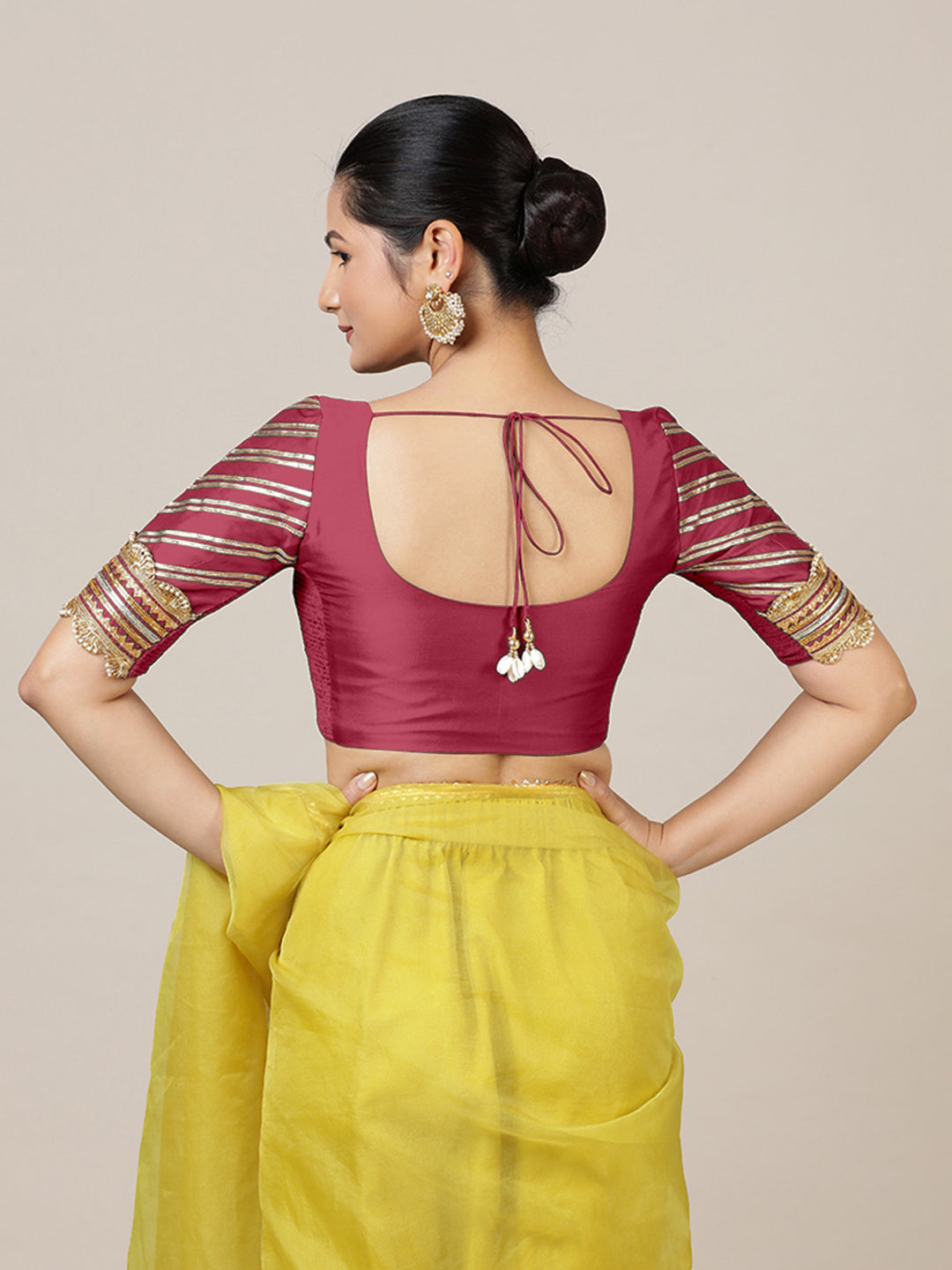 Anisha x Tyohaar Saree Blouse, in Pink Vegan Silk, featuring elbow sleeves and round neckline, made for party & festive.