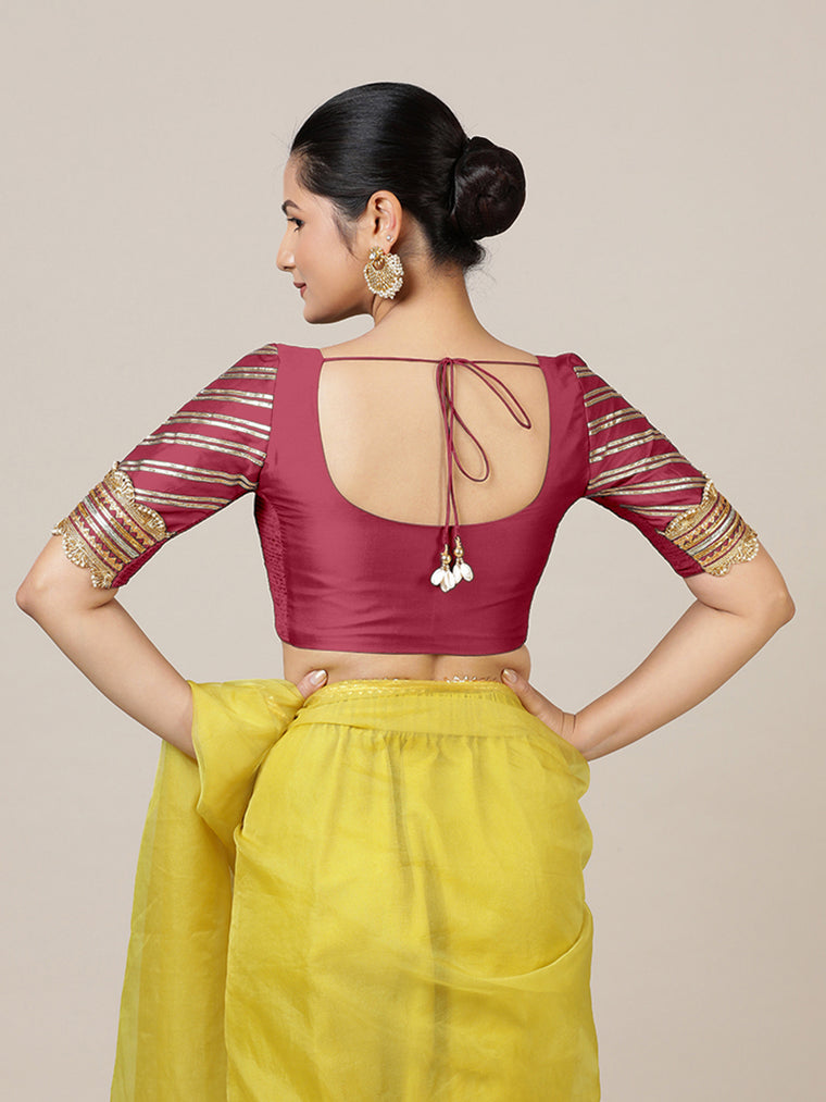 Anisha x Tyohaar Saree Blouse, in Pink Vegan Silk, featuring elbow sleeves and round neckline, made for party & festive.
