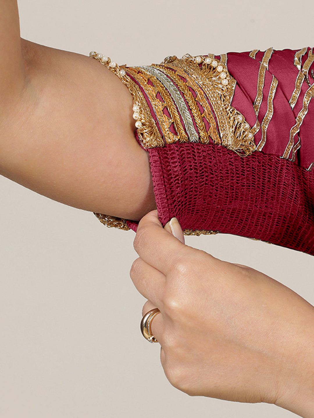 Anisha x Tyohaar Saree Blouse, in Pink Vegan Silk, featuring elbow sleeves and round neckline, made for party & festive.