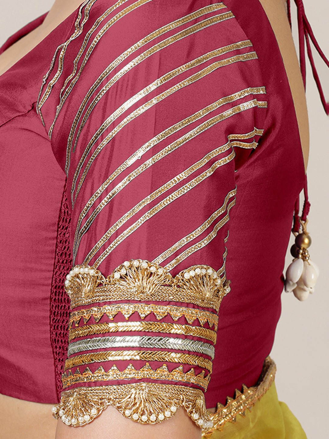 Anisha x Tyohaar Saree Blouse, in Pink Vegan Silk, featuring elbow sleeves and round neckline, made for party & festive.