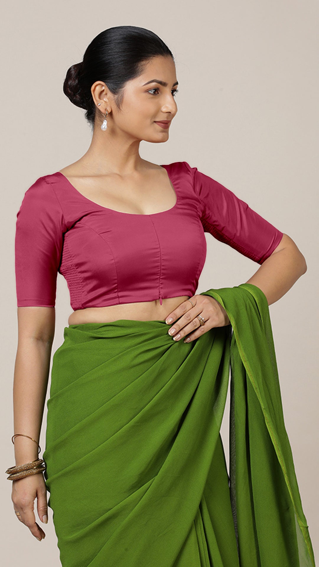Anisha x Rozaana Saree Blouse, in Pink Vegan Silk, featuring elbow sleeves and round neckline, made for daily & work (view 8).