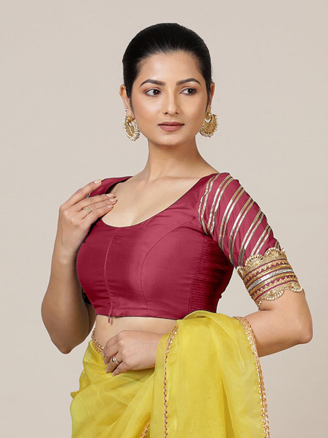 Anisha x Tyohaar Saree Blouse, in Pink Vegan Silk, featuring elbow sleeves and round neckline, made for party & festive.