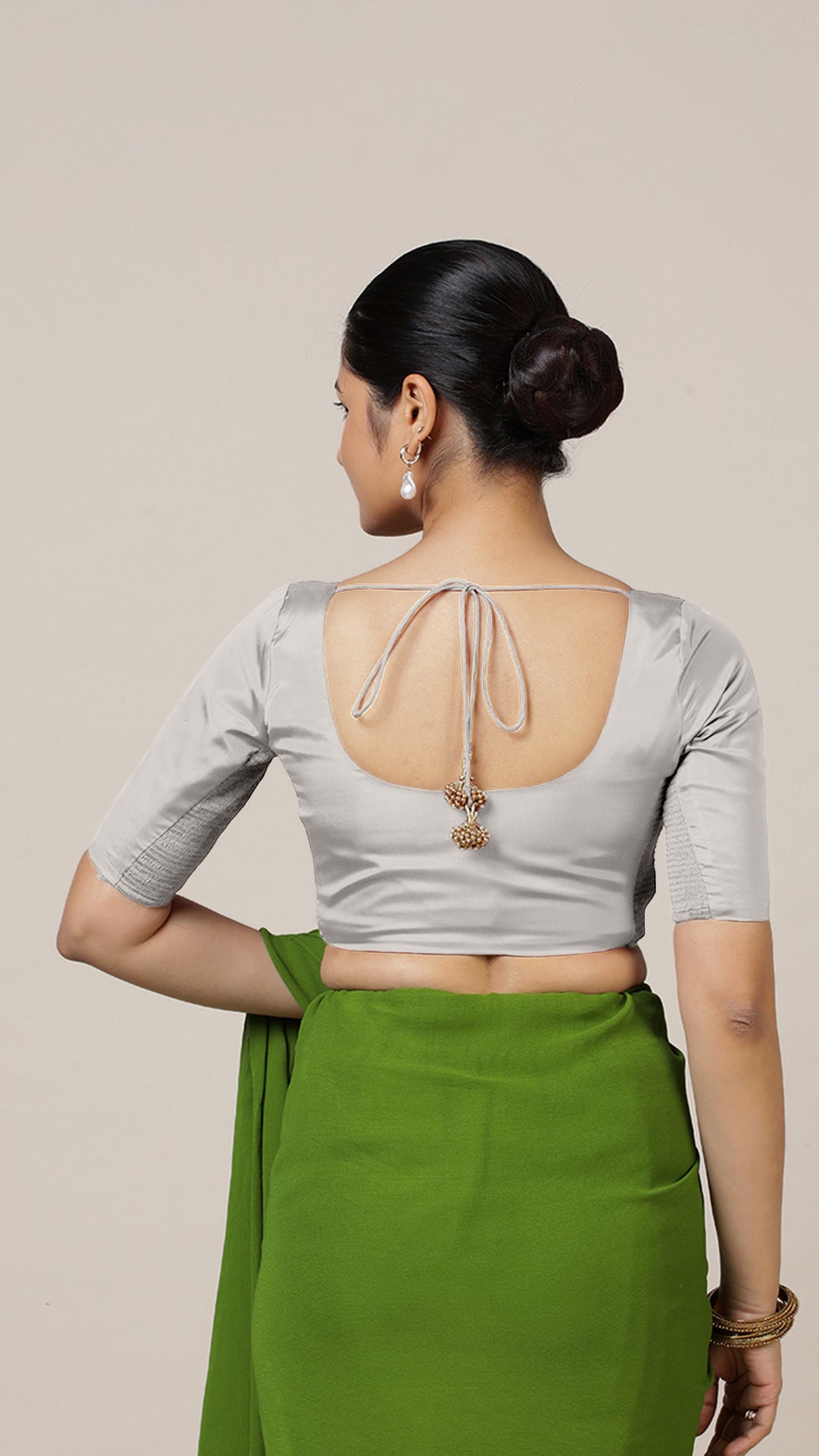 Anisha x Rozaana Saree Blouse, in Silver Vegan Silk, featuring elbow sleeves and round neckline, made for daily & work (view 2).