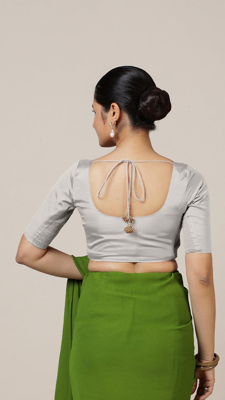 Anisha x Rozaana Saree Blouse, in Silver Vegan Silk, featuring elbow sleeves and round neckline, made for daily & work (view 2).