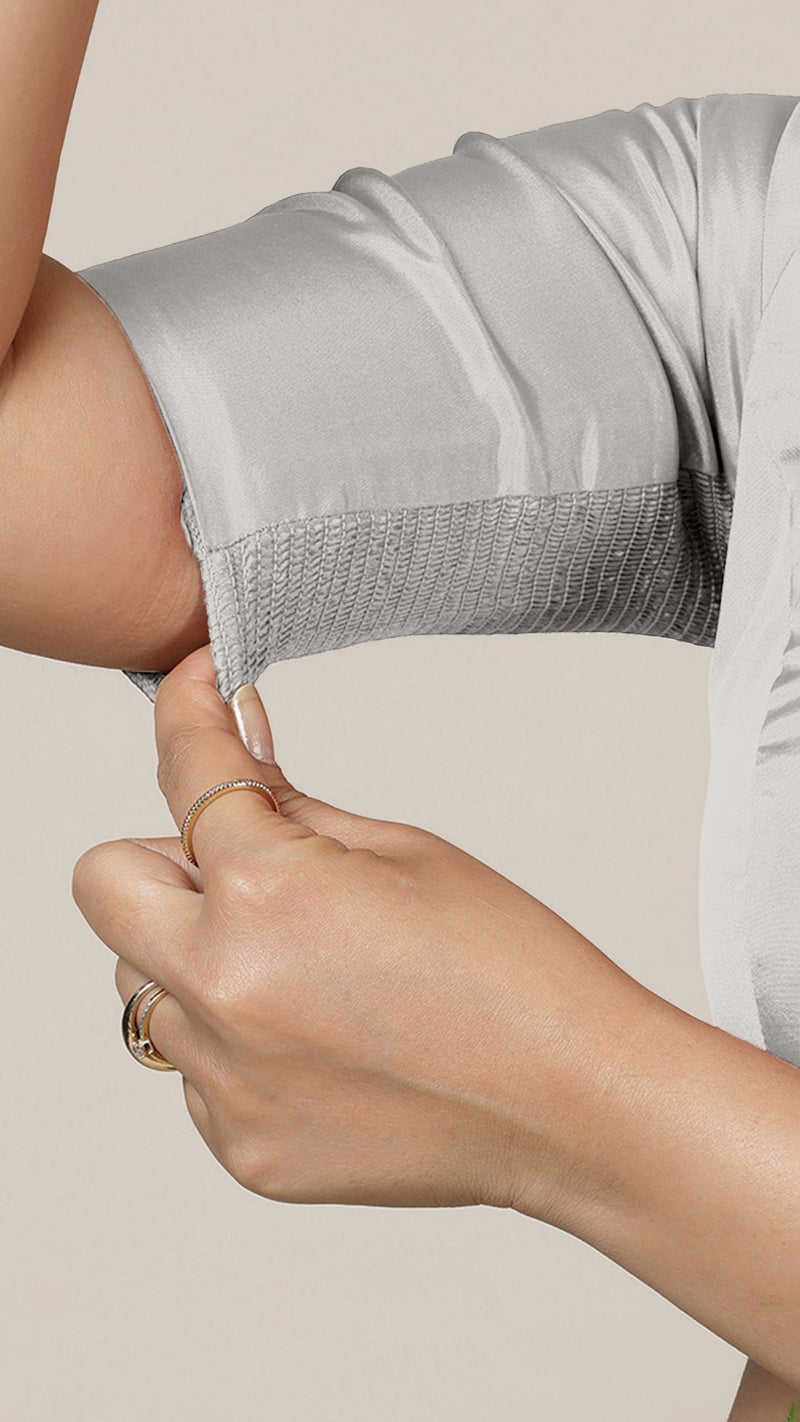 Anisha x Rozaana | Elbow Sleeves Saree Blouse in Silver-Binks