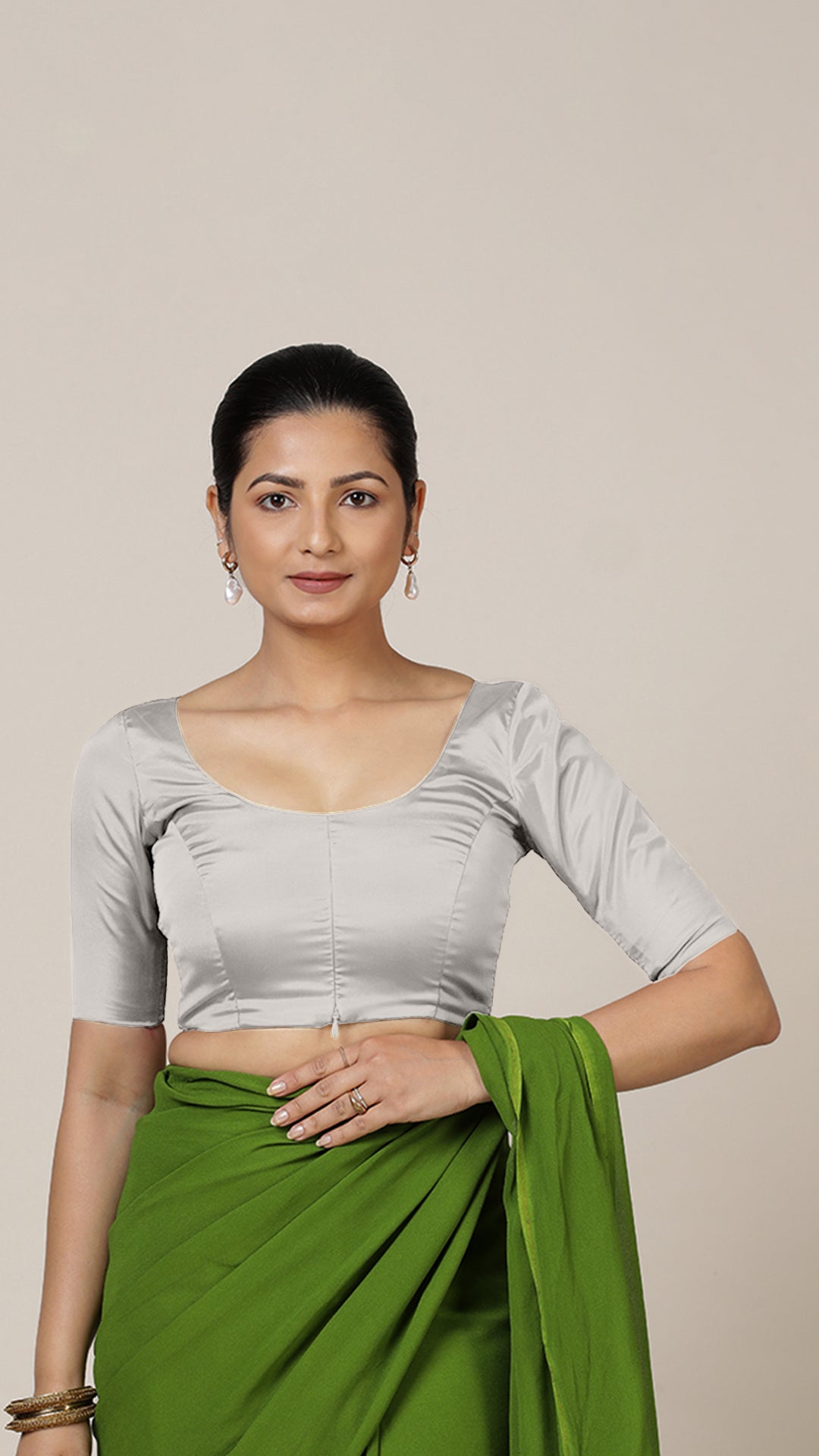 Anisha x Rozaana Saree Blouse, in Silver Vegan Silk, featuring elbow sleeves and round neckline, made for daily & work (view 6).