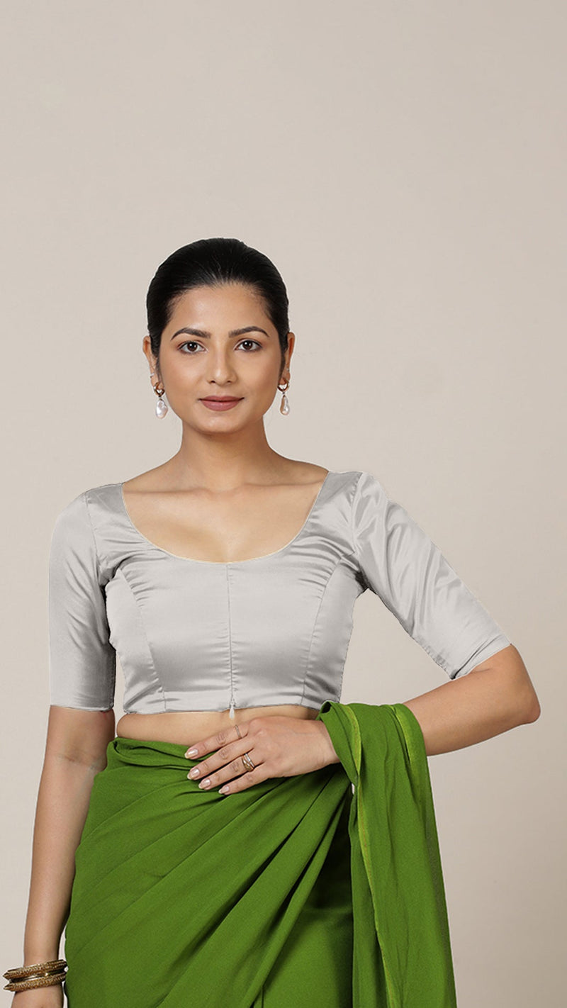 Anisha x Rozaana | Elbow Sleeves Saree Blouse in Silver-Binks