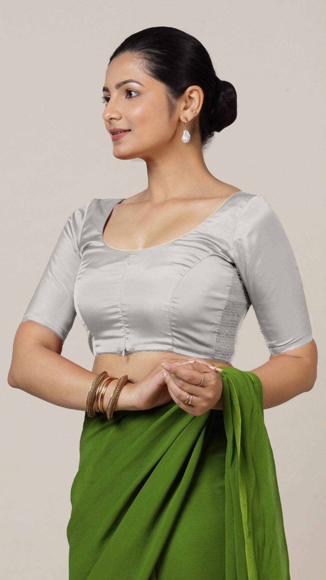 Anisha x Rozaana Saree Blouse, in Silver Vegan Silk, featuring elbow sleeves and round neckline, made for daily & work (view 8).