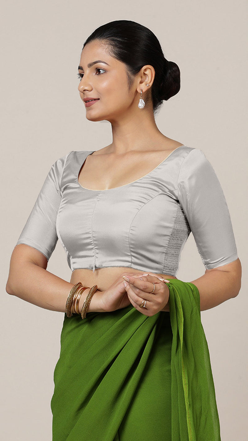 Anisha x Rozaana | Elbow Sleeves Saree Blouse in Silver-Binks