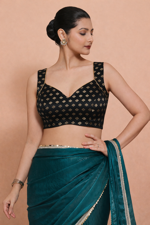 Anna x Tyohaar Saree Blouse, in Black Butta Satin Viscose, featuring sleeveless and sweetheart neckline.