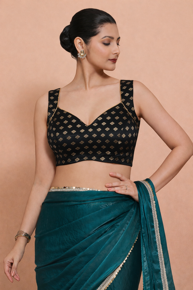 Anna x Tyohaar | Sleeveless Black Butta Satin Viscose Saree Blouse-Binks