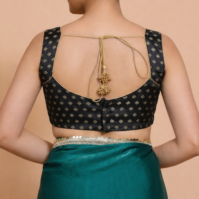 Anna x Tyohaar | Sleeveless Black Butta Satin Viscose Saree Blouse-Binks