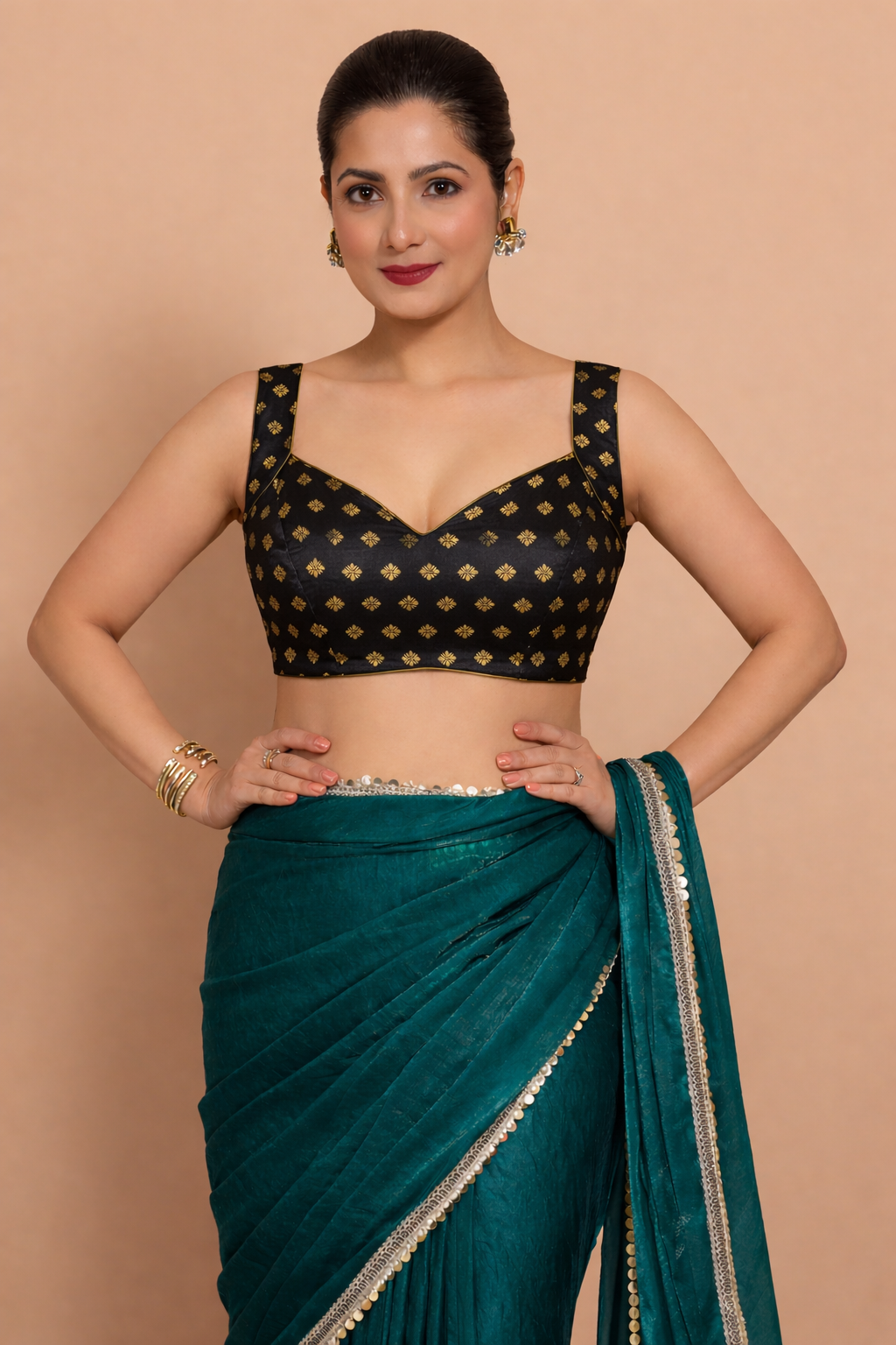 Anna x Tyohaar Saree Blouse, in Black Butta Satin Viscose, featuring sleeveless and sweetheart neckline (view 4).