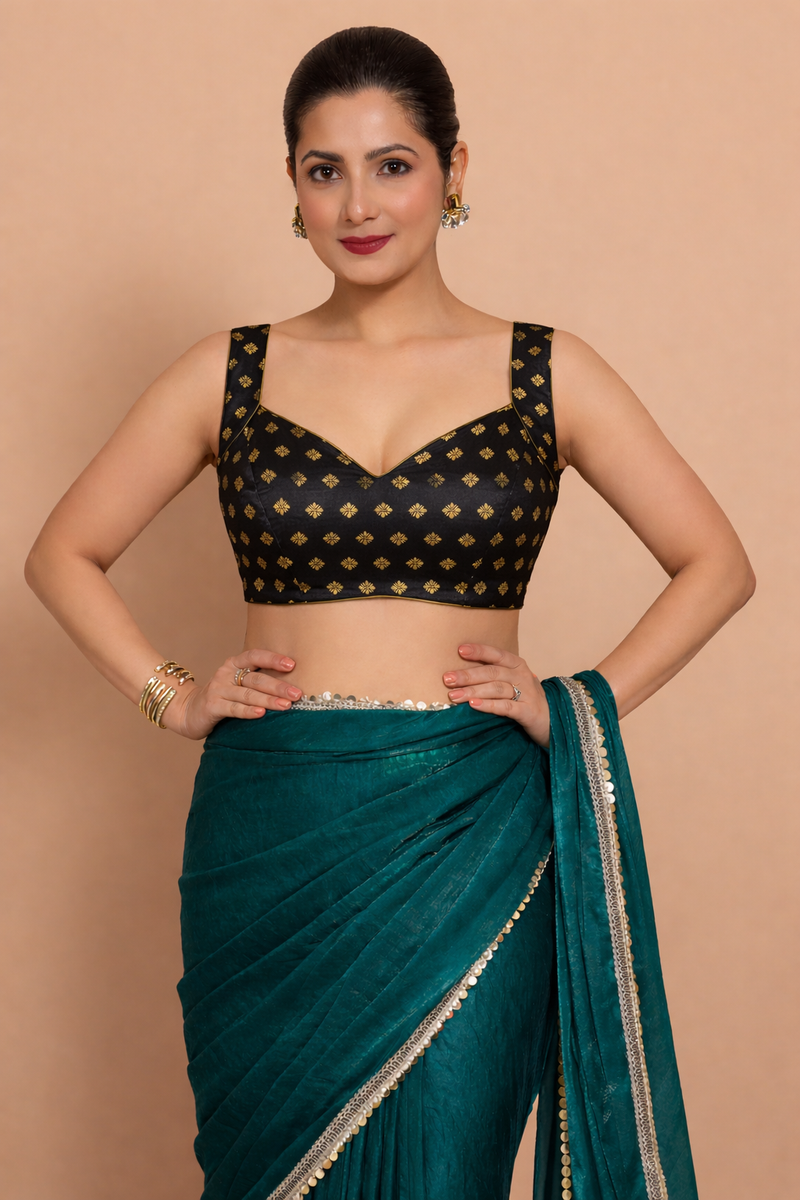 Anna x Tyohaar | Sleeveless Black Butta Satin Viscose Saree Blouse-Binks