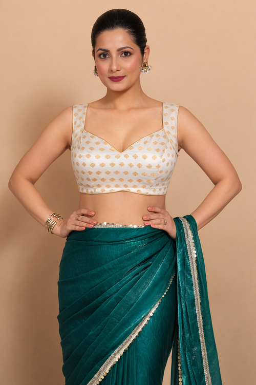 Anna x Tyohaar Saree Blouse, in White Butta Satin Viscose, featuring sleeveless and sweetheart neckline.