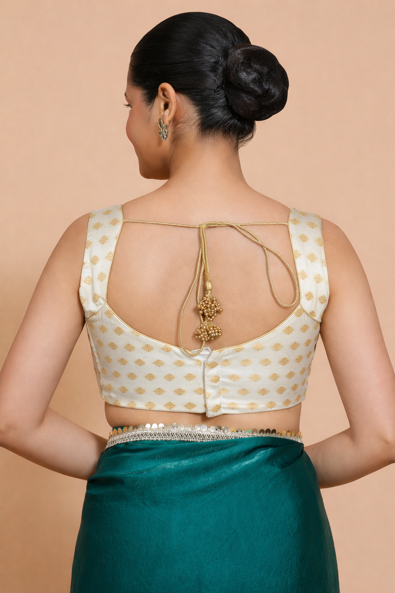 Anna x Tyohaar | Sleeveless Cream Butta Satin Viscose Saree Blouse-Binks