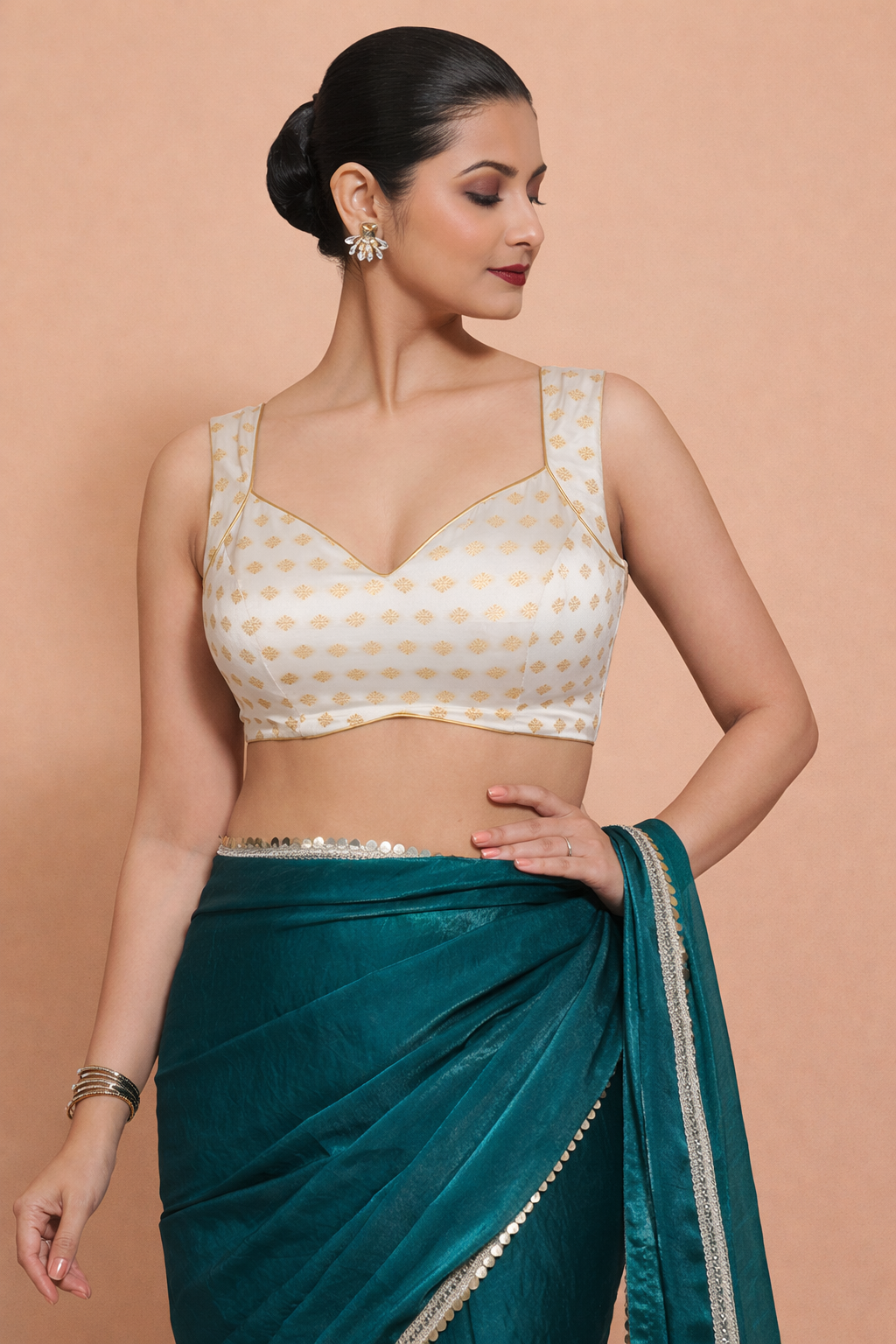 Anna x Tyohaar Saree Blouse, in White Butta Satin Viscose, featuring sleeveless and sweetheart neckline (view 4).
