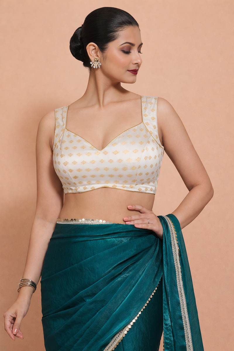 Anna x Tyohaar | Sleeveless Cream Butta Satin Viscose Saree Blouse-Binks