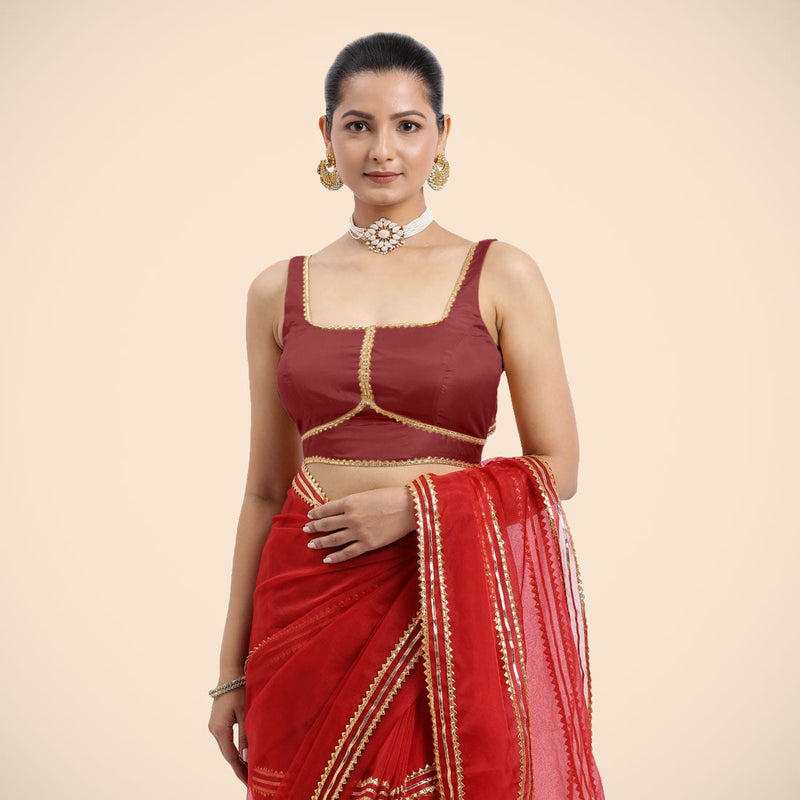 Arya x Tyohaar | Auburn Red Sleeveless FlexiFit™ Saree Blouse with Square Neck and Back Window Embeliished with Golden Gota and Pearl Lace-Binks
