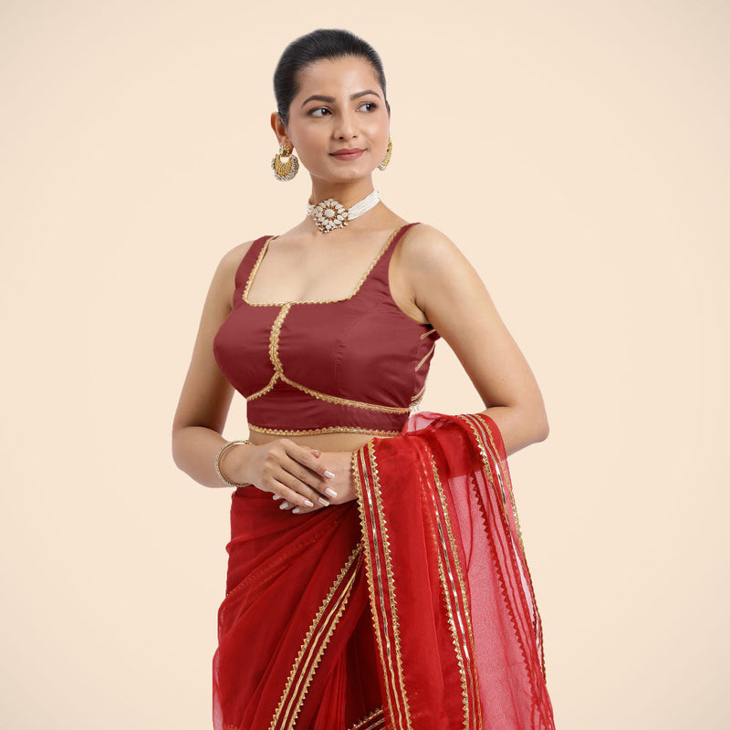 Arya x Tyohaar | Auburn Red Sleeveless FlexiFit™ Saree Blouse with Square Neck and Back Window Embeliished with Golden Gota and Pearl Lace-Binks