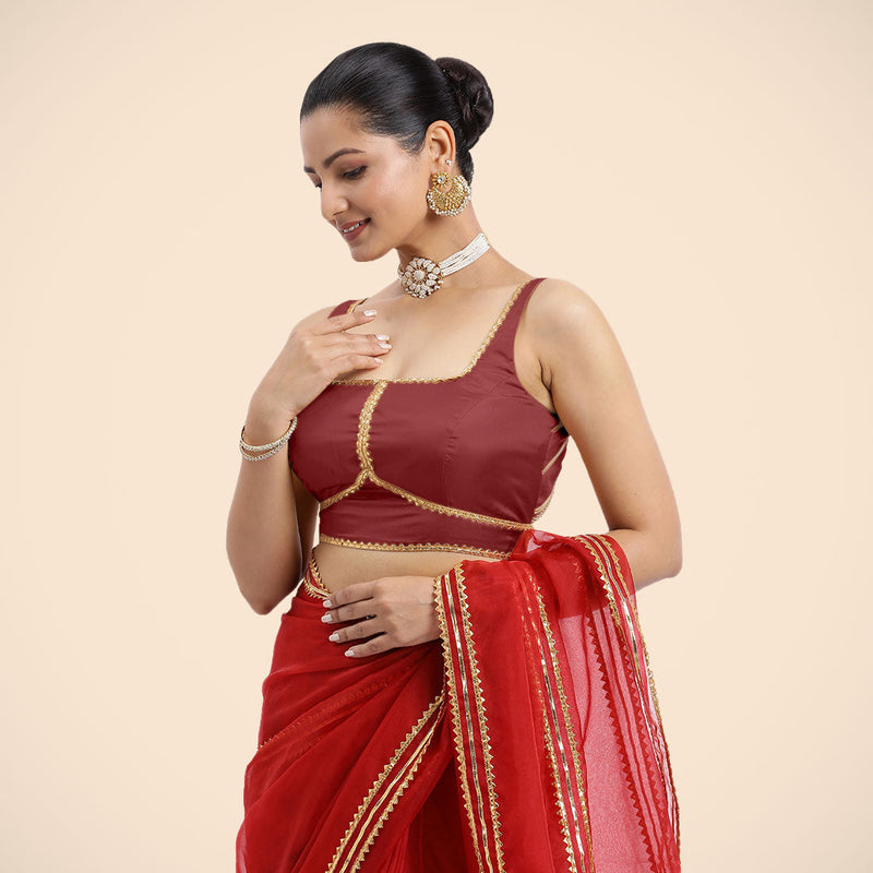 Arya x Tyohaar | Auburn Red Sleeveless FlexiFit™ Saree Blouse with Square Neck and Back Window Embeliished with Golden Gota and Pearl Lace-Binks