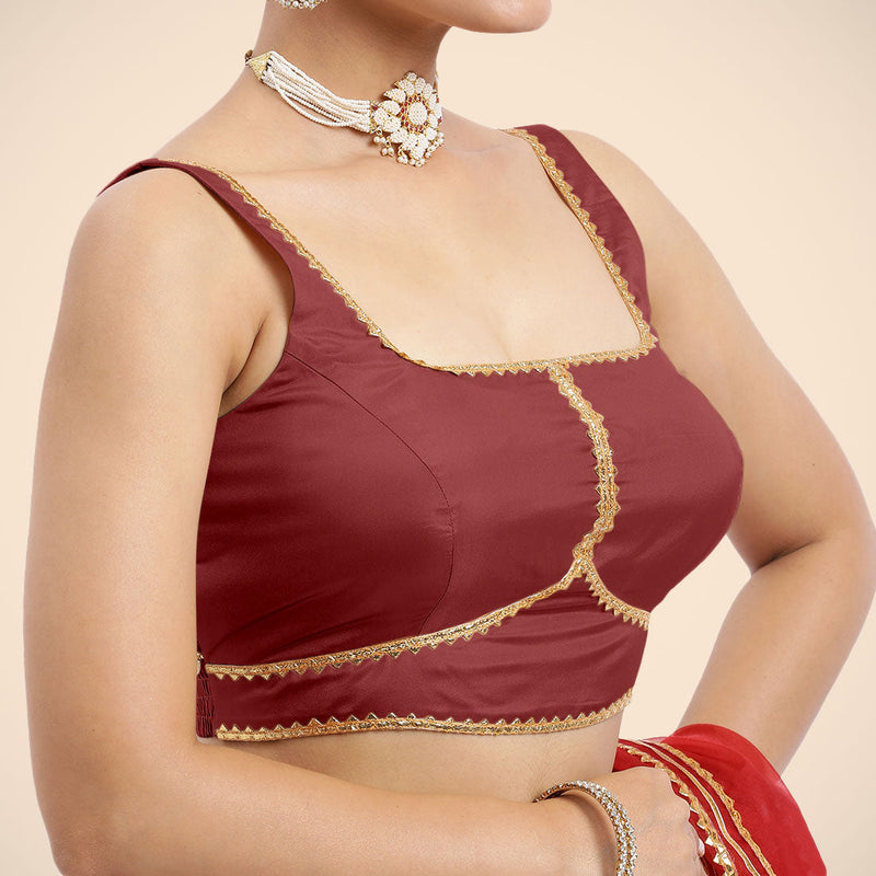 Arya x Tyohaar | Auburn Red Sleeveless FlexiFit™ Saree Blouse with Square Neck and Back Window Embeliished with Golden Gota and Pearl Lace-Binks