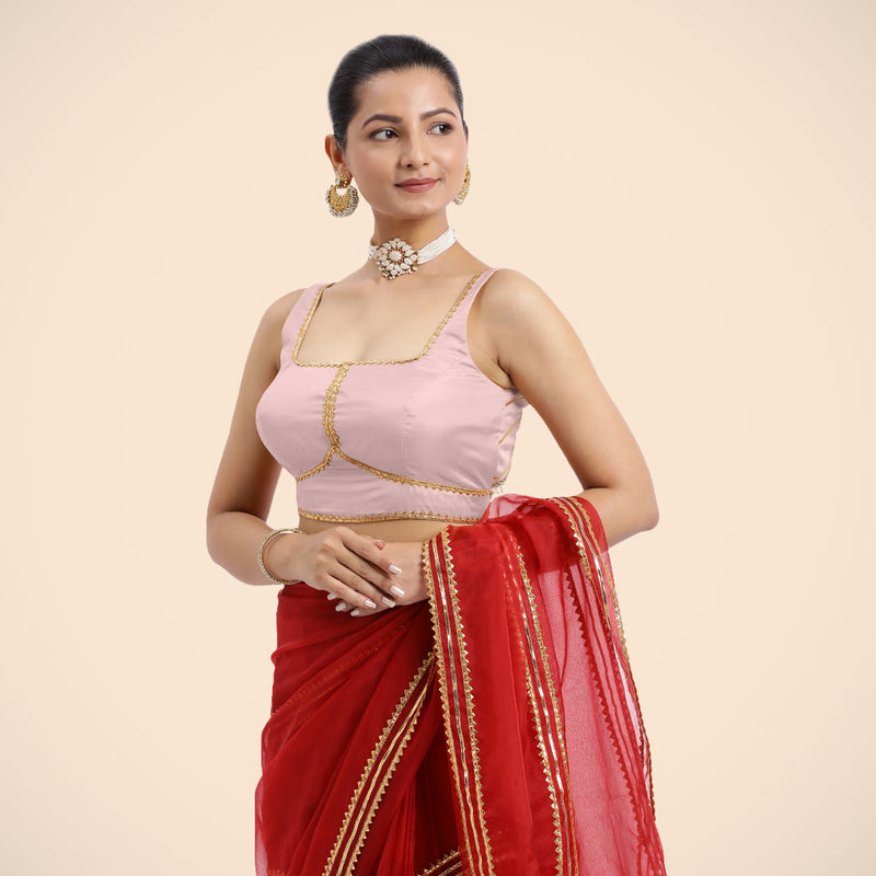 Arya x Tyohaar | Sleeveless Baby Pink FlexiFit™ Gota Embellished Saree Blouse with Square Neck-Binks