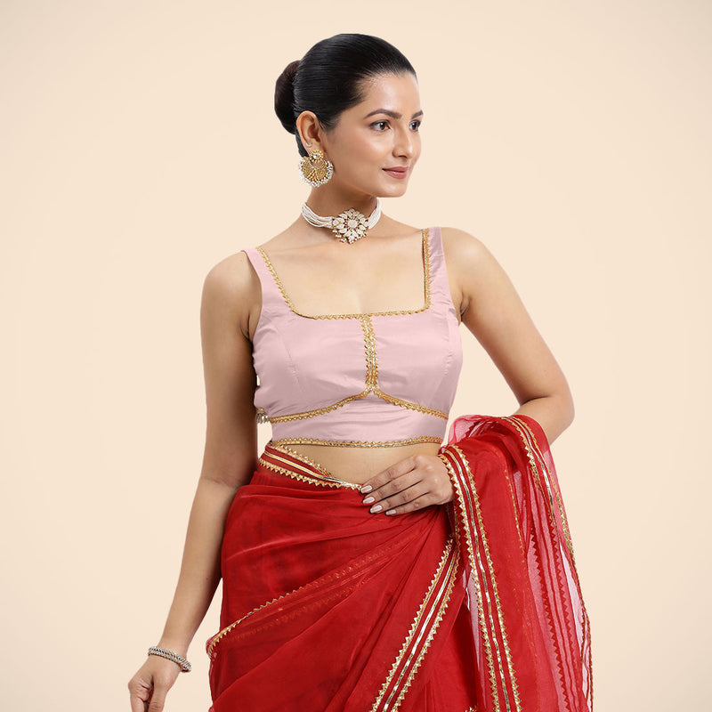 Arya x Tyohaar | Sleeveless Baby Pink FlexiFit™ Gota Embellished Saree Blouse with Square Neck-Binks