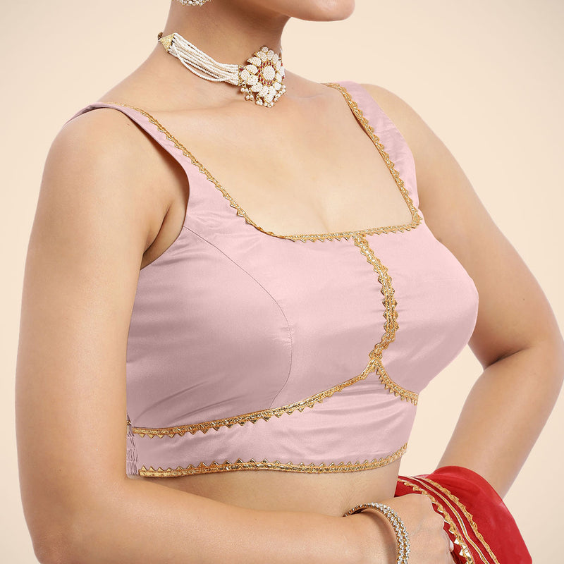 Arya x Tyohaar | Sleeveless Baby Pink FlexiFit™ Gota Embellished Saree Blouse with Square Neck-Binks