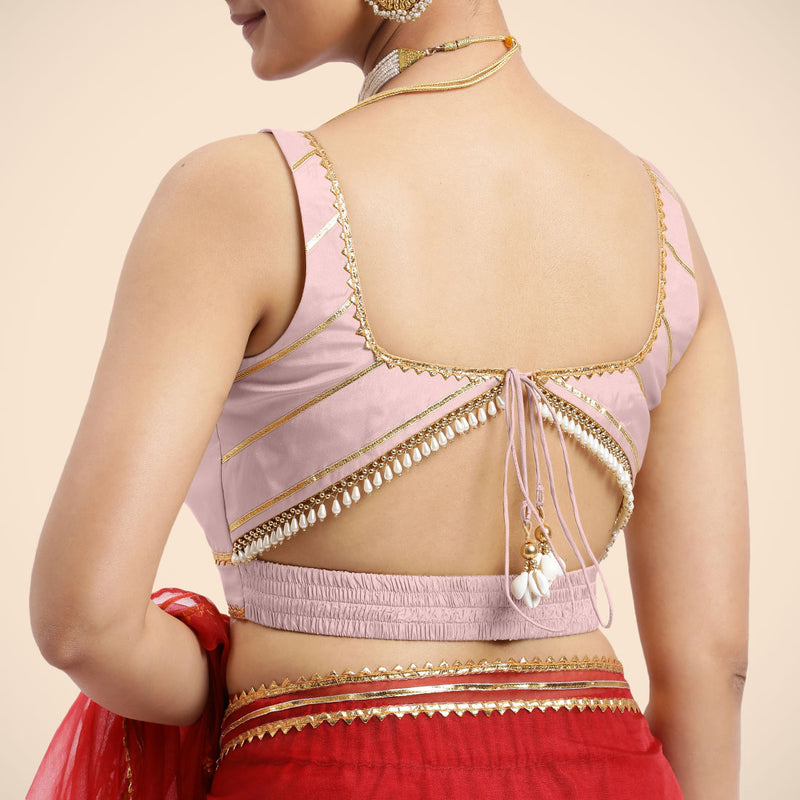 Arya x Tyohaar | Sleeveless Baby Pink FlexiFit™ Gota Embellished Saree Blouse with Square Neck-Binks