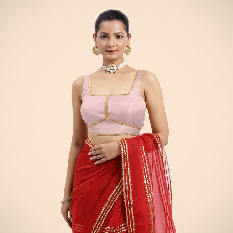 Arya x Tyohaar | Sleeveless Baby Pink FlexiFit™ Gota Embellished Saree Blouse with Square Neck-Binks
