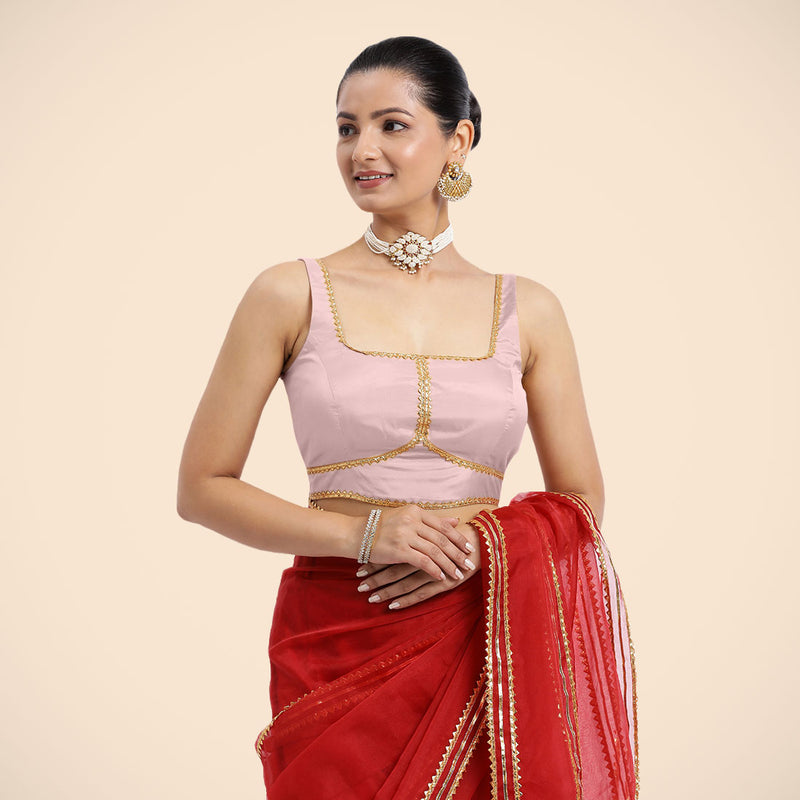 Arya x Tyohaar | Sleeveless Baby Pink FlexiFit™ Gota Embellished Saree Blouse with Square Neck-Binks
