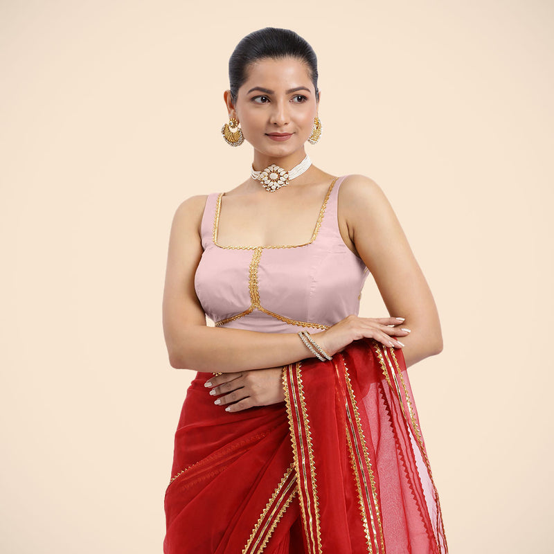 Arya x Tyohaar | Sleeveless Baby Pink FlexiFit™ Gota Embellished Saree Blouse with Square Neck-Binks