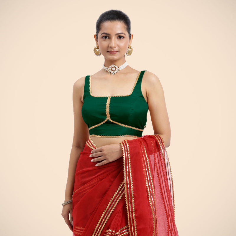 Arya x Tyohaar | Bottle Green Sleeveless FlexiFit™ Saree Blouse with Square Neck and Back Window Embeliished with Golden Gota and Pearl Lace-Binks