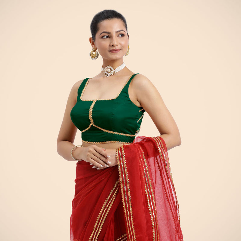 Arya x Tyohaar | Bottle Green Sleeveless FlexiFit™ Saree Blouse with Square Neck and Back Window Embeliished with Golden Gota and Pearl Lace-Binks