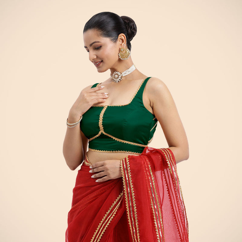 Arya x Tyohaar | Bottle Green Sleeveless FlexiFit™ Saree Blouse with Square Neck and Back Window Embeliished with Golden Gota and Pearl Lace-Binks