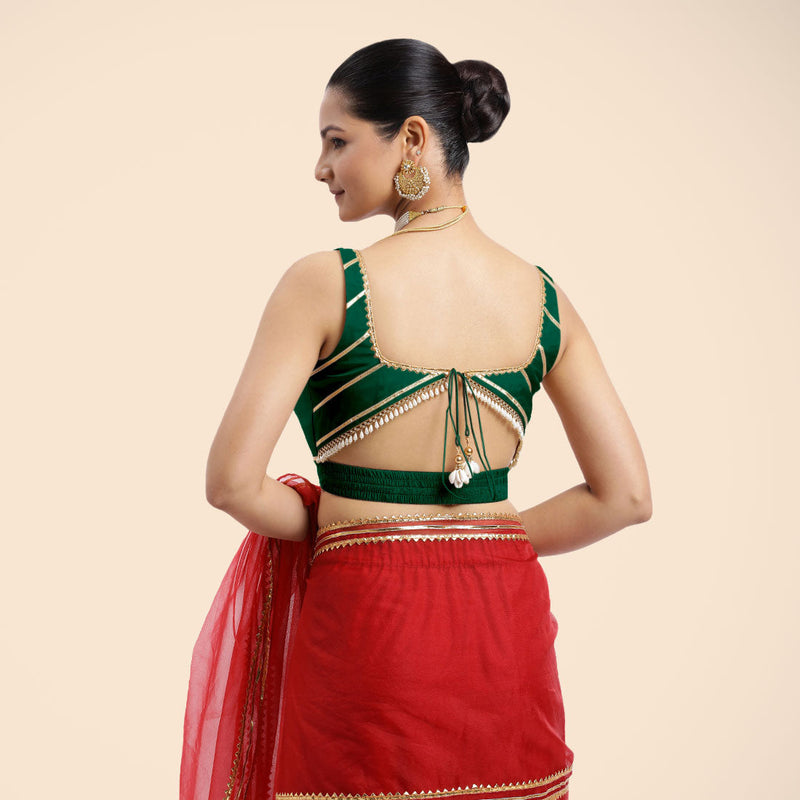 Arya x Tyohaar | Bottle Green Sleeveless FlexiFit™ Saree Blouse with Square Neck and Back Window Embeliished with Golden Gota and Pearl Lace-Binks