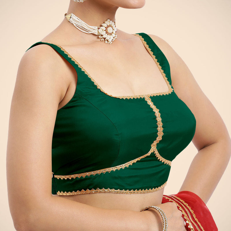 Arya x Tyohaar | Bottle Green Sleeveless FlexiFit™ Saree Blouse with Square Neck and Back Window Embeliished with Golden Gota and Pearl Lace-Binks