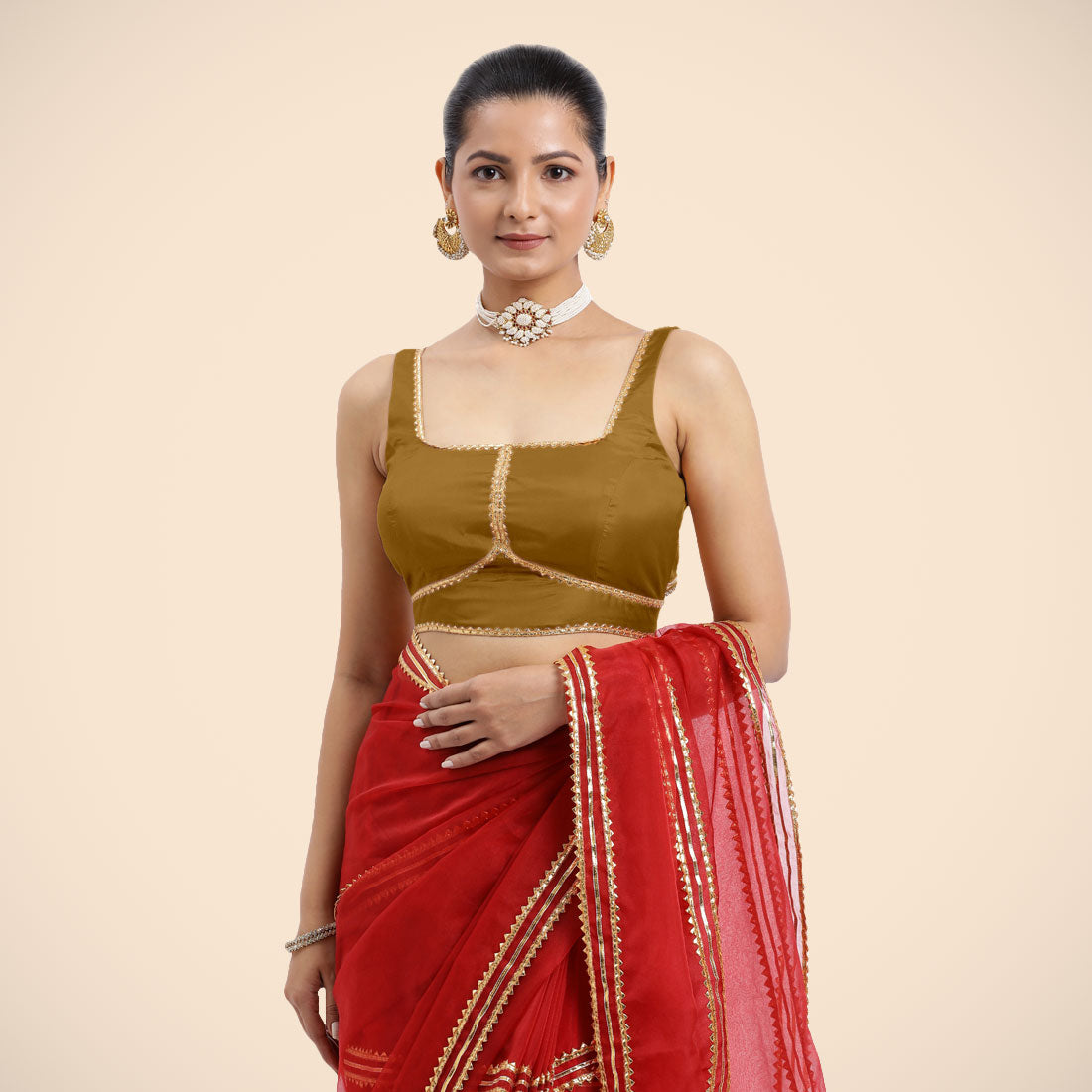 Arya x Tyohaar Saree Blouse, in Gold Vegan Silk, featuring sleeveless and square neckline, made for party & festive.