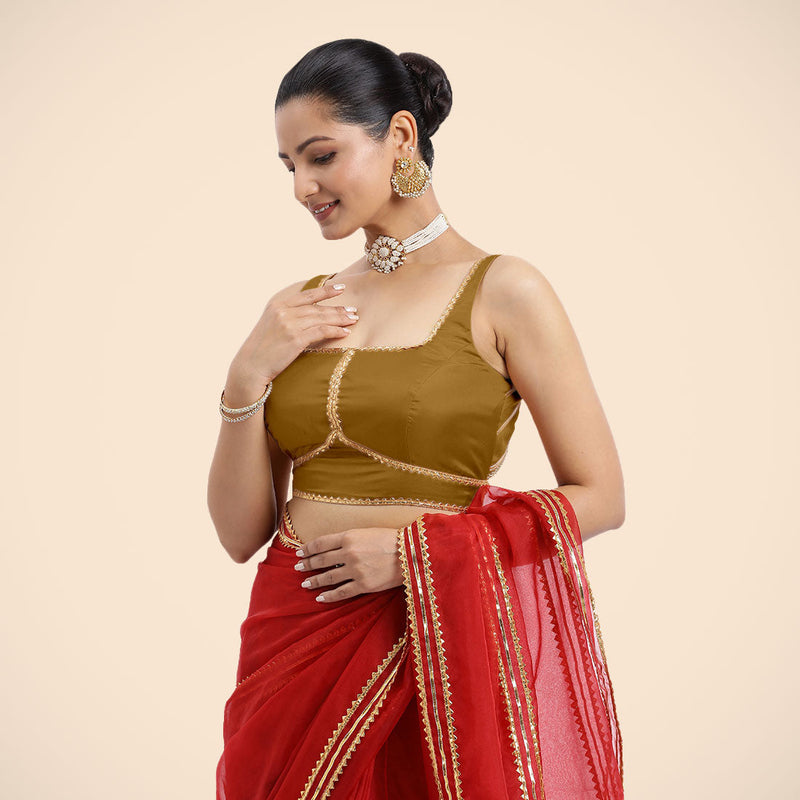 Arya x Tyohaar | Bronze Gold Sleeveless FlexiFit™ Saree Blouse with Square Neck and Back Window Embeliished with Golden Gota and Pearl Lace-Binks