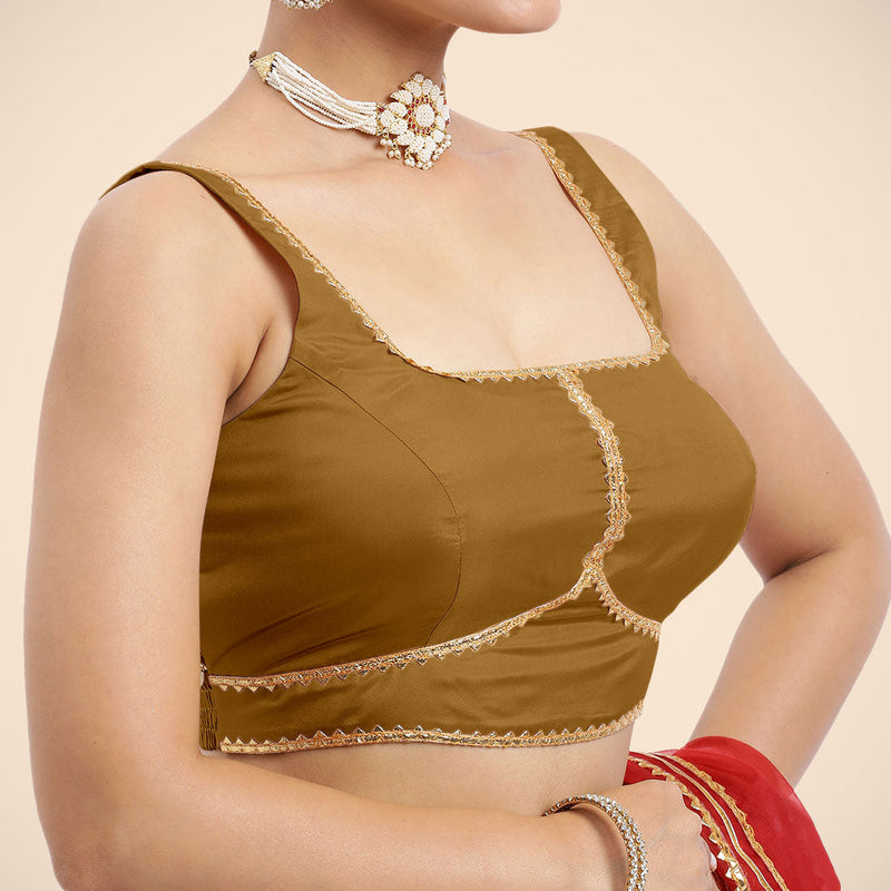 Arya x Tyohaar | Bronze Gold Sleeveless FlexiFit™ Saree Blouse with Square Neck and Back Window Embeliished with Golden Gota and Pearl Lace-Binks