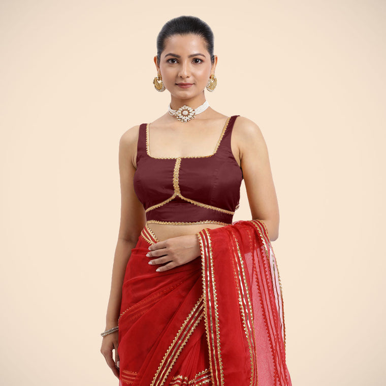 Arya x Tyohaar Saree Blouse, in Maroon Vegan Silk, featuring sleeveless and square neckline, made for party & festive.
