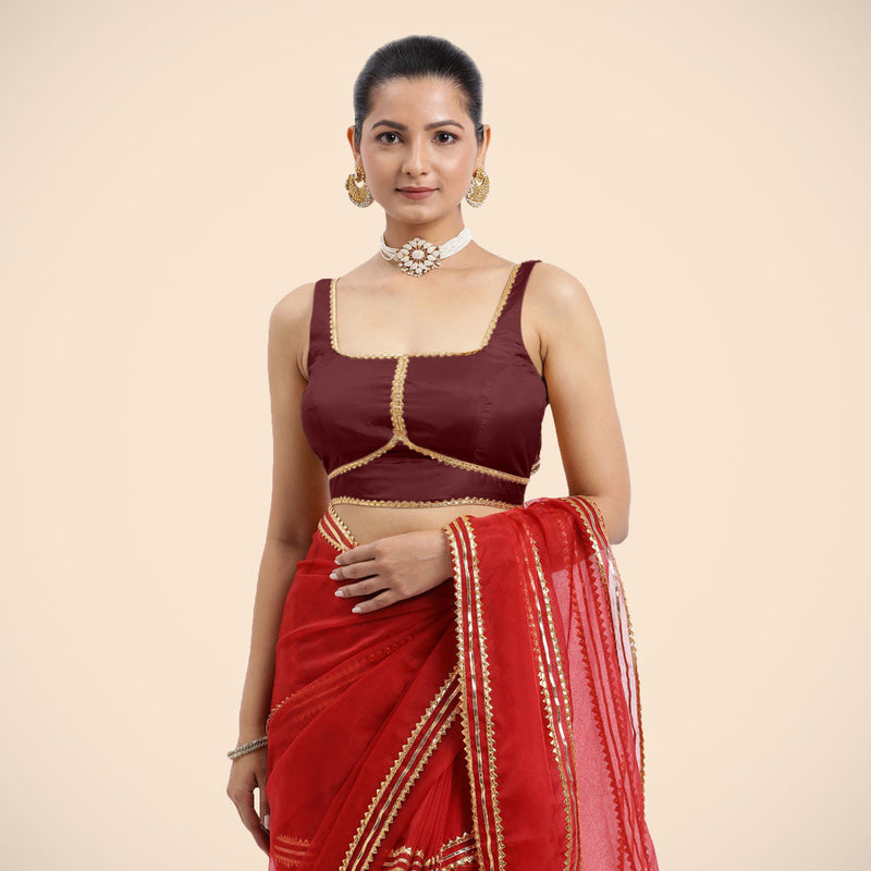 Arya x Tyohaar | Burgundy Sleeveless FlexiFit™ Saree Blouse with Square Neck and Back Window Embeliished with Golden Gota and Pearl Lace-Binks