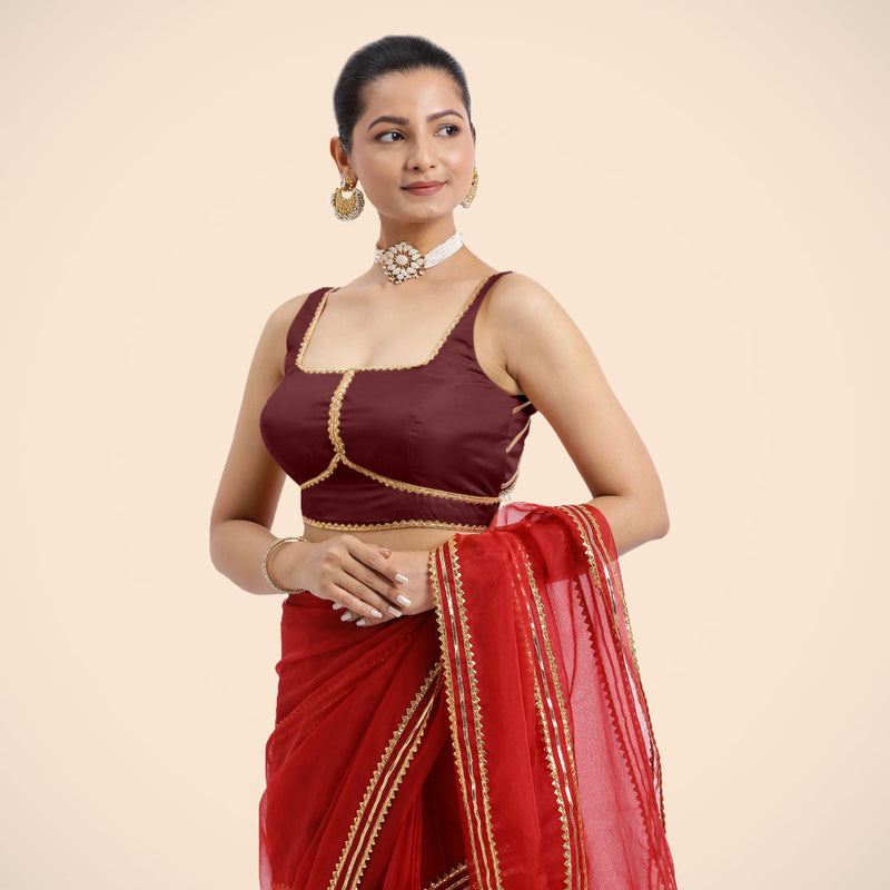 Arya x Tyohaar | Burgundy Sleeveless FlexiFit™ Saree Blouse with Square Neck and Back Window Embeliished with Golden Gota and Pearl Lace-Binks