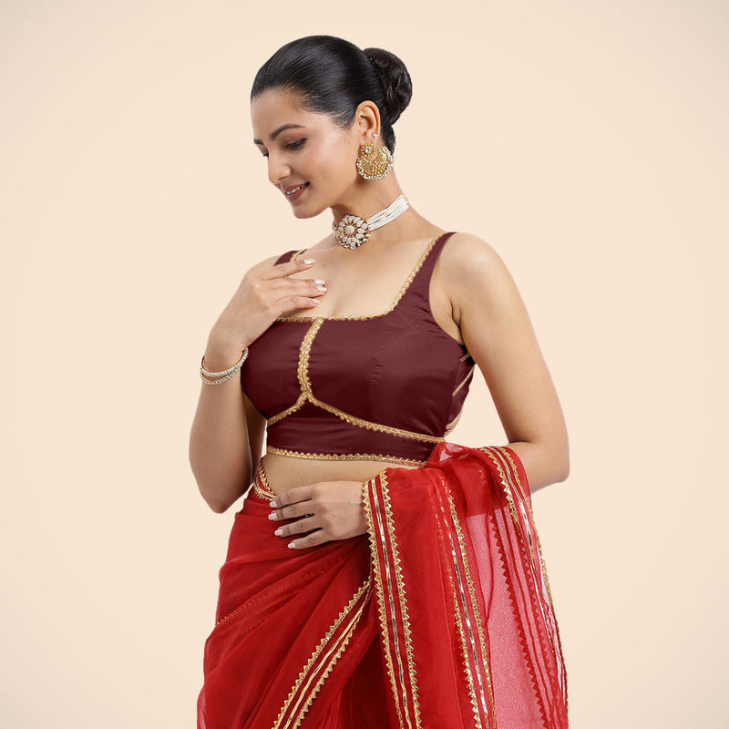 Arya x Tyohaar | Burgundy Sleeveless FlexiFit™ Saree Blouse with Square Neck and Back Window Embeliished with Golden Gota and Pearl Lace-Binks