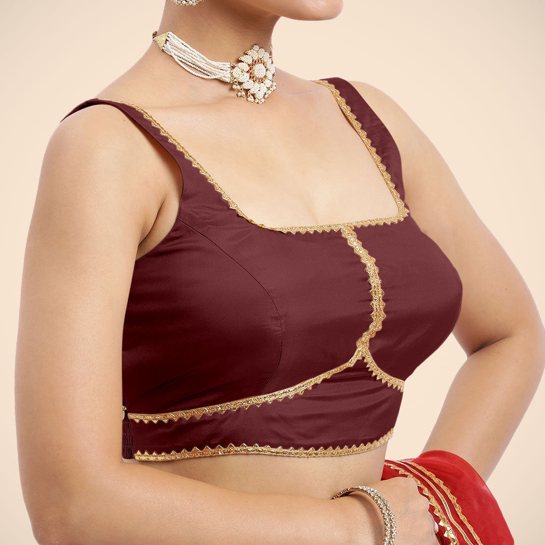 Arya x Tyohaar Saree Blouse, in Maroon Vegan Silk, featuring sleeveless and square neckline, made for party & festive (view 5).