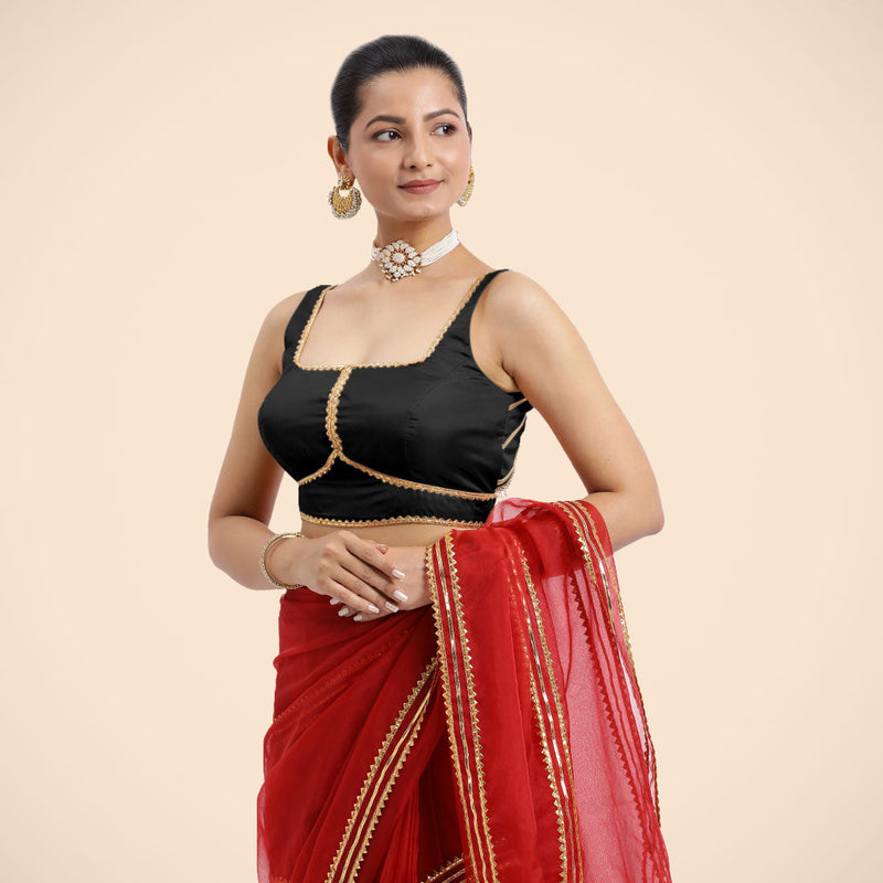 Arya x Tyohaar | Charcoal Black Sleeveless FlexiFit™ Saree Blouse with Square Neck and Back Window Embeliished with Golden Gota and Pearl Lace-Binks