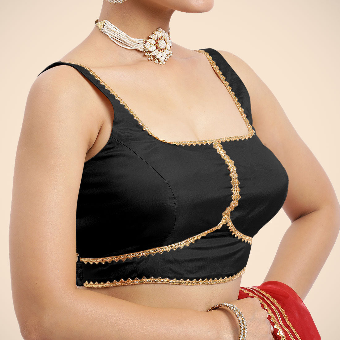 Arya x Tyohaar Saree Blouse, in Black Vegan Silk, featuring sleeveless and square neckline, made for party & festive (view 5).
